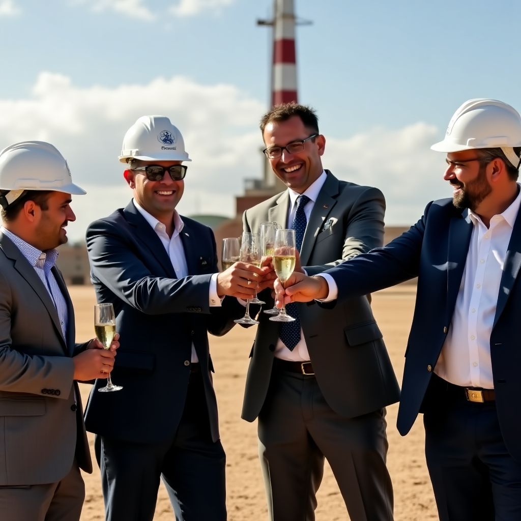 Grupo de inversores celebrando éxito en proyecto petrolero